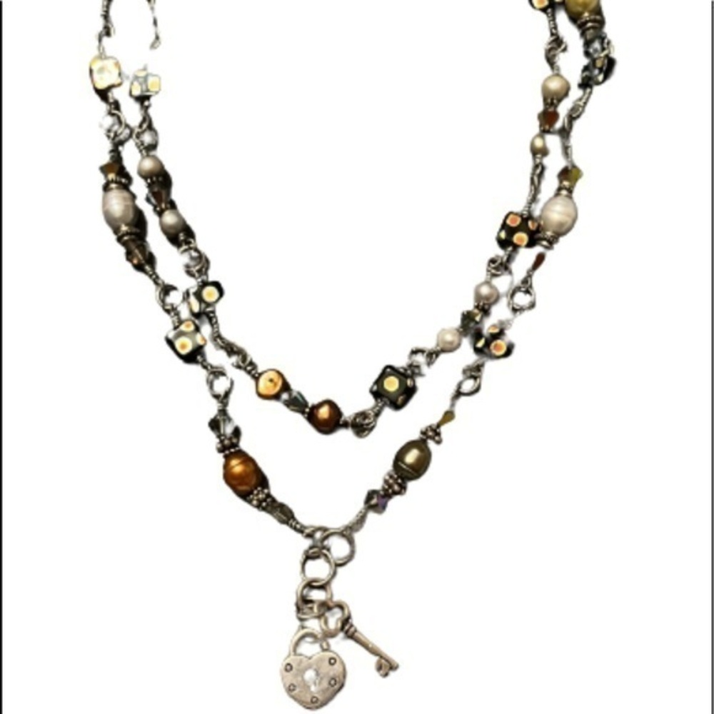 Silver multi colored hand blown glass beaded layered necklace with heart and key